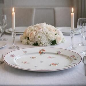 European Vintage 1940s Porcelain Large Round Floral Serving Platter, 15.5x2.5”